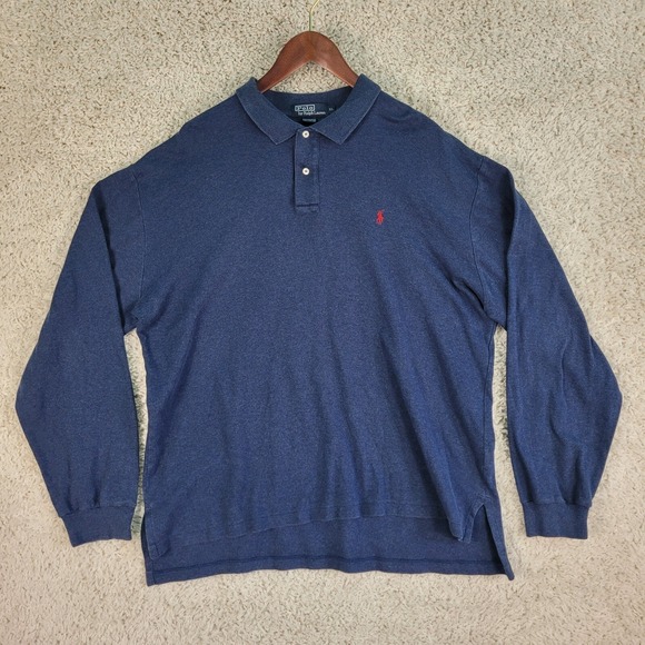 Polo Ralph Lauren Rugby Polo Shirt Men's Size XL Navy Blue Heathered Red Pony LS - Picture 1 of 10
